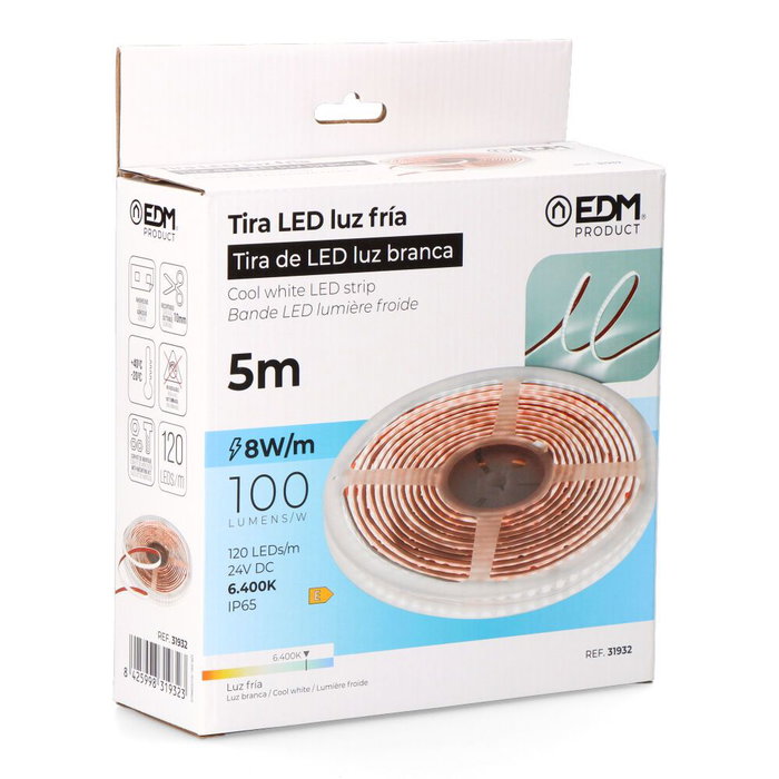 EDM - Tira LED Adhesiva Blanca Fría 6400K, 5 Metros, IP65, 8W/m, 120 LEDs/m, Incluye Transformador 24V DC y Accesorios