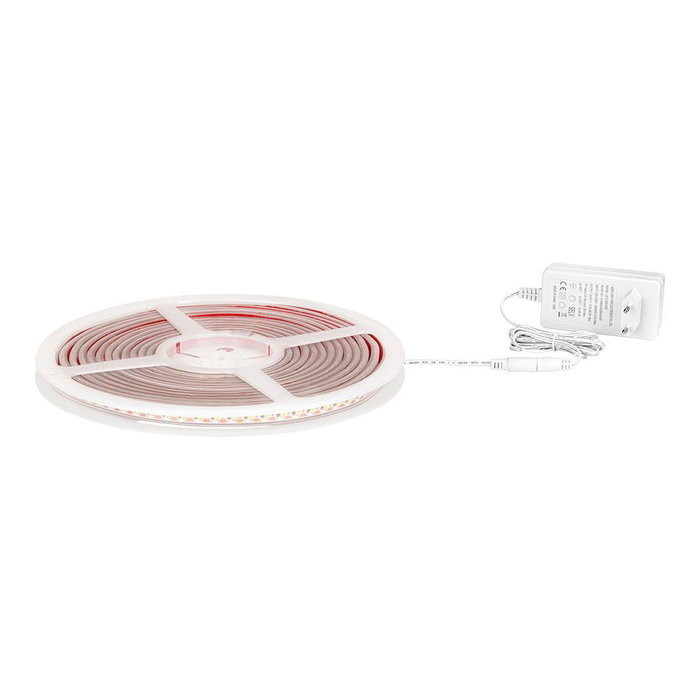 EDM - Tira LED Adhesiva Blanca Fría 6400K, 5 Metros, IP65, 8W/m, 120 LEDs/m, Incluye Transformador 24V DC y Accesorios