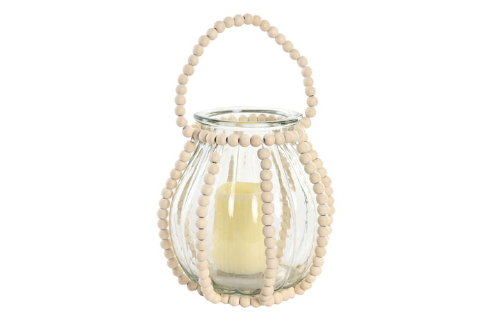 DKD Home Decor Portavelas de Cristal y Madera con Cuentas Naturales