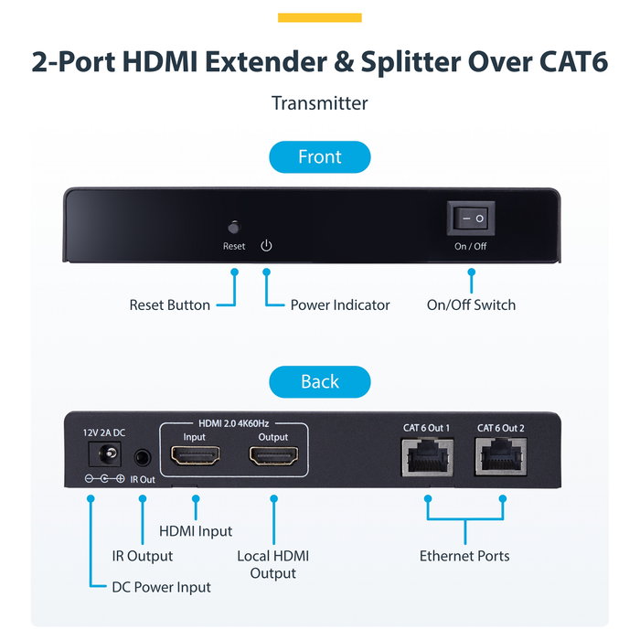 StarTech Extensor y Divisor HDMI de 2 Puertos 4K 60Hz sobre CAT6 hasta 70m