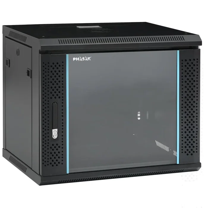Phasak PHO 2109D Armario Rack Mural 9U, 19', Negro, Flat Pack, Puerta Frontal de Cristal Templado, para Equipos de Red y Servidores