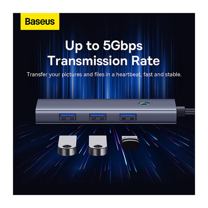 Baseus UltraJoy Series HUB USB-C - Concentrador 4 Puertos USB 3.2 Gen 1, Tipo-C y Tipo-A, 5 Gbps, Plug and Play, Gris Baseus UltraJoy Series HUB USB-C - Concentrador 4 Puertos USB 3.2 Gen 1, Tipo-C y Tipo-A, 5 Gbps, Plug and Play, Gris