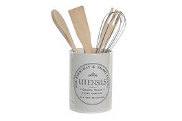 DKD Home Decor Set de 5 Botes para Utensilios de Gres y Madera Blanco