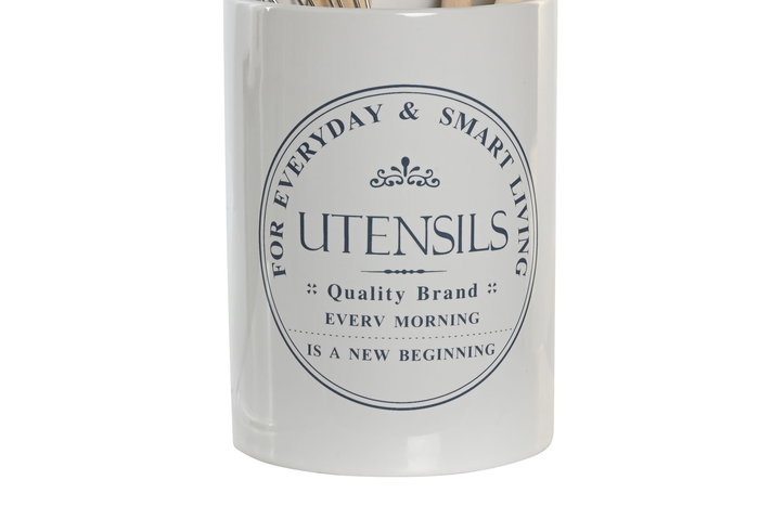 DKD Home Decor Bote Utensilios Basicos Gres Madera Blanco Set de 5 10 x 10 x 14 cm