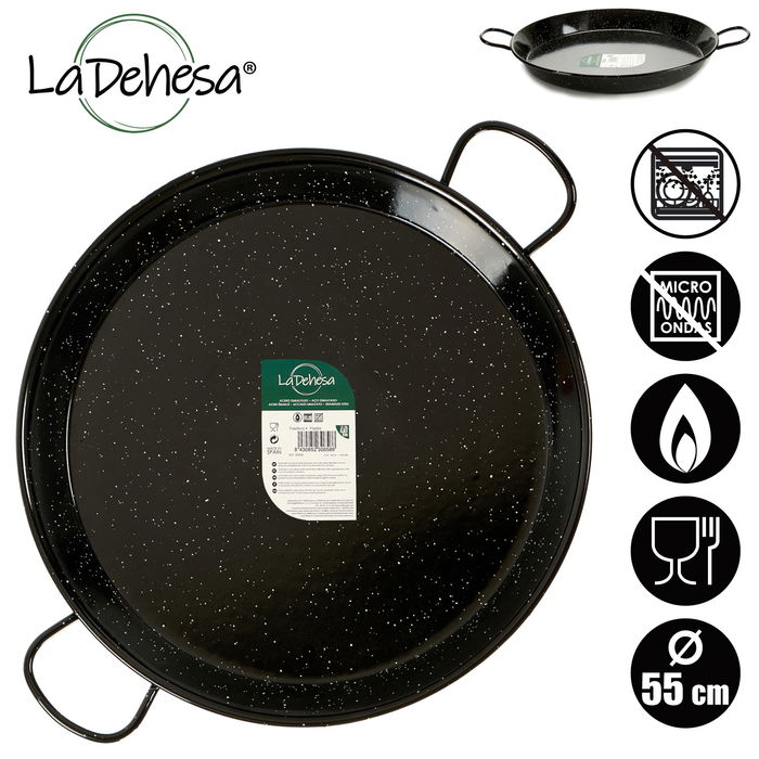 La Dehesa Paellera de Acero Esmaltado 55 cm (16 Raciones) para Paella, Gas, Horno y Leña - Color Negro (Set de 4)