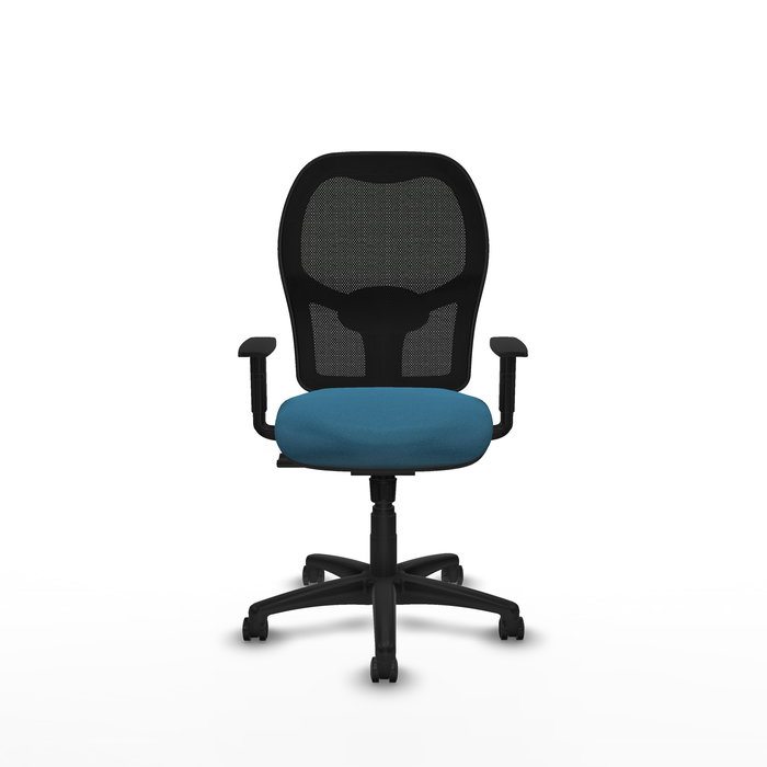 Silla de oficina Alocén con mecanismo Sincro tapizada con Tela color Verde petróleo y malla color Negro. Equipada con lumbar 1D, Brazos 1D y Ruedas de parqué