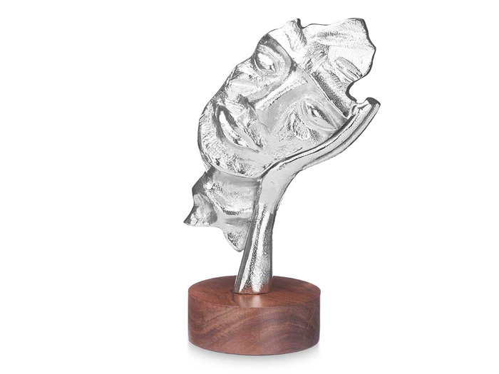 Giftdecor Figura Metal Cara Mano Plata con Soporte Madera 16.5x11x26.5 cm (Set de 6)