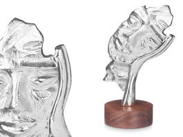 Giftdecor Figura Metal Cara Mano Plata con Soporte Madera 16.5x11x26.5 cm (Set de 6)