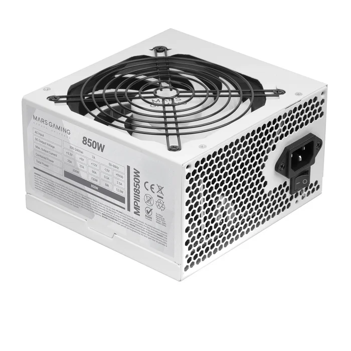Mars Gaming MPIII850W Fuente de Alimentación ATX 850W 85% Eficiencia Blanco, 5 Años Garantía, Tecnología Silenciosa AI-RPM, Ventilador 120mm FDB, Cables Planos