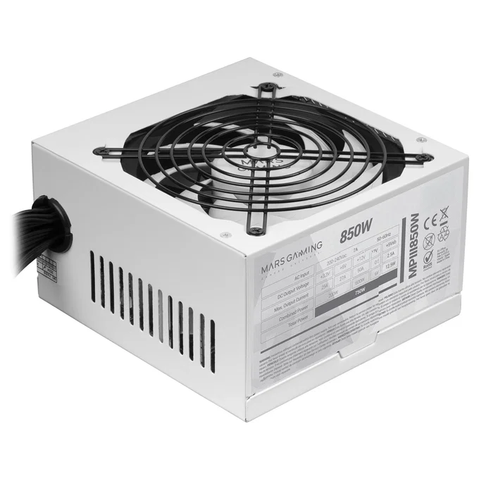 Mars Gaming MPIII850W Fuente de Alimentación ATX 850W 85% Eficiencia Blanco, 5 Años Garantía, Tecnología Silenciosa AI-RPM, Ventilador 120mm FDB, Cables Planos