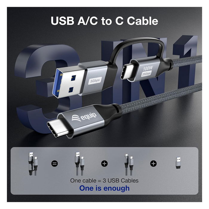 EQUIP Cable USB-C 3.2 Gen 2x2 128433, USB-A/USB-C a USB-C, 3.00m, 20Gbps, Negro