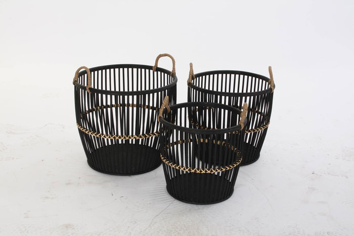 DKD Home Decor Cesta Colección Johari Colonial Bambu Negro Natural 38 x 39 x 38 cm Set 3 Piezas