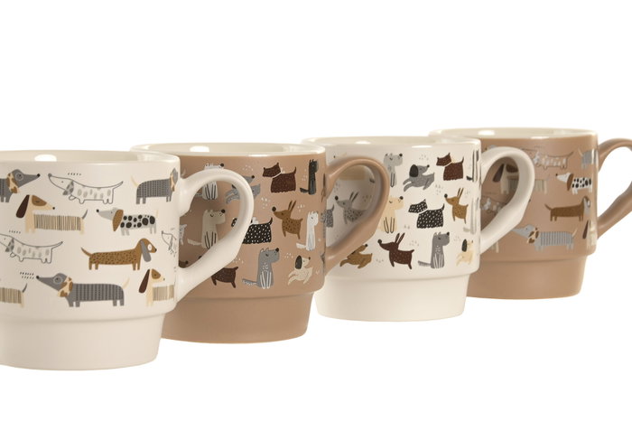 DKD Home Decor Set de 12 Tazas de Porcelana con Diseños de Perros, 300 ml