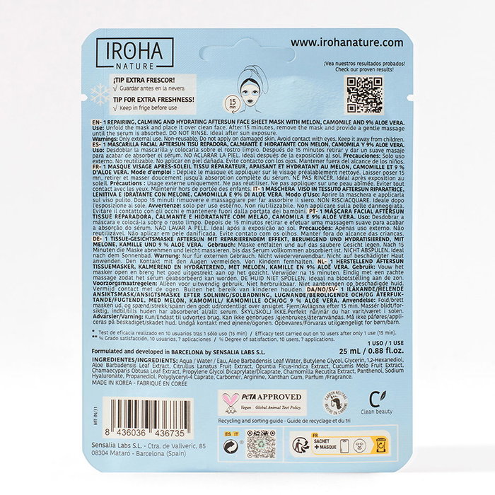 Iroha MELON repairing calms and hydrates - Mascarilla Facial Calmante e Hidratante con Extracto de Melón - 1 unidad