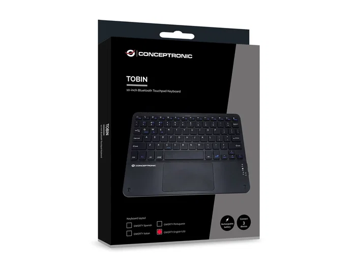 Conceptronic TOBIN01BUS Teclado Universal Bluetooth Tenkeyless con Touchpad - QWERTY Inglés de EE.UU., Negro