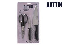 Quttin Set Nero de 3 Piezas (Cuchillo Chef, Pelador y Tijera) - Dimensiones: 34.3 cm Largo x 18.8 cm Ancho x 3 cm Alto (12 Cajas)