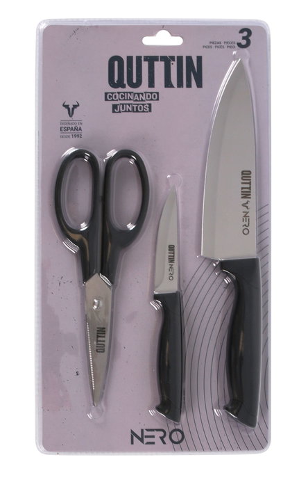 Quttin Set Nero de 3 Piezas (Cuchillo Chef, Pelador y Tijera) - Dimensiones: 34.3 cm Largo x 18.8 cm Ancho x 3 cm Alto (12 Cajas)