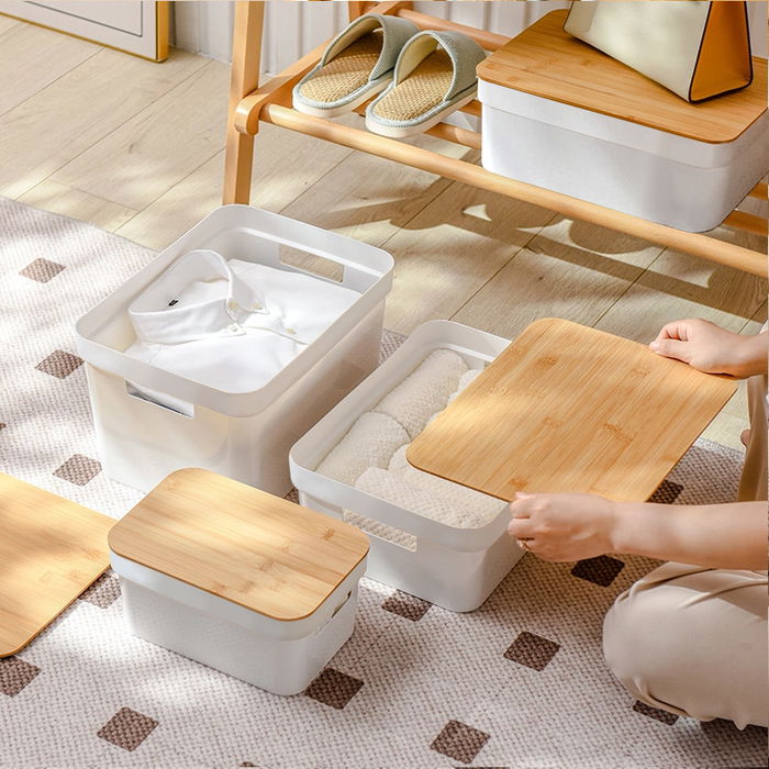 Confortime Caja Organizadora Multiusos Plástico Tapa Bambú 25.5x17.5x12.5 cm (8 Unidades)