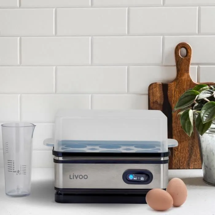 Livoo DOC290 Cocedor de Huevos 6 Huevos Acero Inoxidable Mantiene Caliente con Huevera Tapa y Vaso Medidor