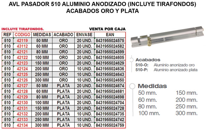 AVL PASADOR 510 Aluminio 80 mm Oro AVL PASADOR 510 Aluminio 80 mm Oro