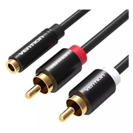 Vention VAB-R01-B200 Cable Estéreo 2m, Jack 3.5mm Hembra a 2 RCA Macho, Conector Chapado en Oro, Negro