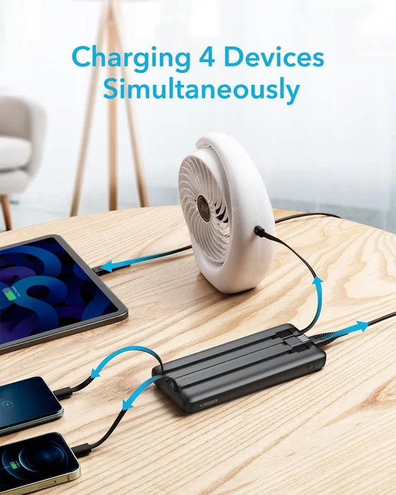 VEGER C10 VG-W1116 PowerBank 10000mAh con Cables Integrados, Pantalla LCD, Batería Externa de Litio, Negro