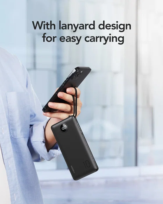 VEGER C10 VG-W1116 PowerBank 10000mAh con Cables Integrados, Pantalla LCD, Batería Externa de Litio, Negro