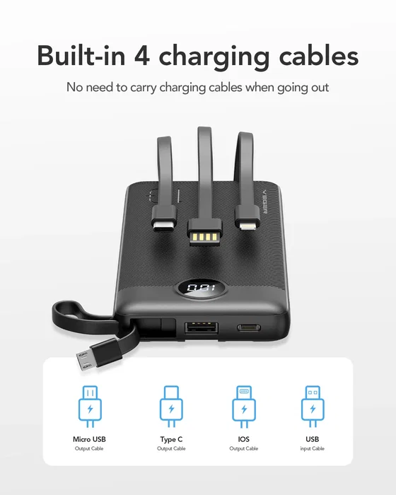VEGER C10 VG-W1116 PowerBank 10000mAh con Cables Integrados, Pantalla LCD, Batería Externa de Litio, Negro