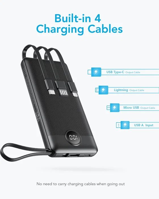 VEGER C10 VG-W1116 PowerBank 10000mAh con Cables Integrados, Pantalla LCD, Batería Externa de Litio, Negro