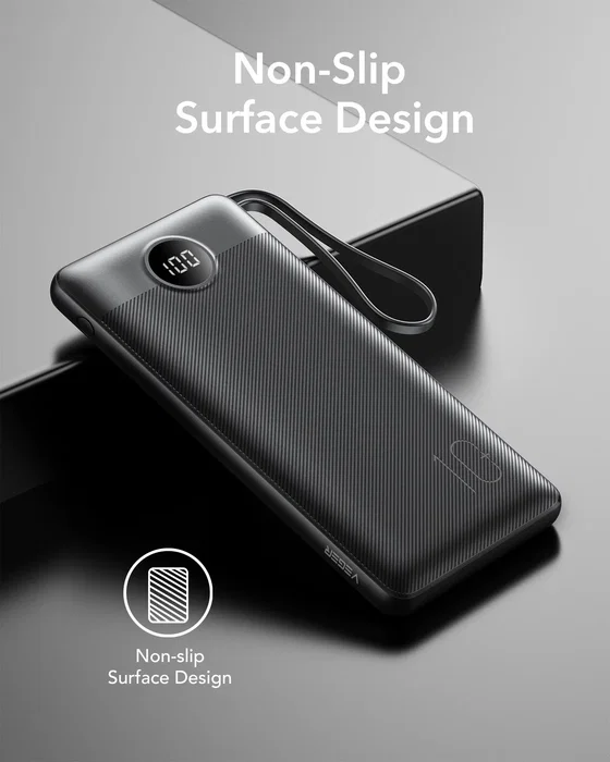 VEGER C10 VG-W1116 PowerBank 10000mAh con Cables Integrados, Pantalla LCD, Batería Externa de Litio, Negro