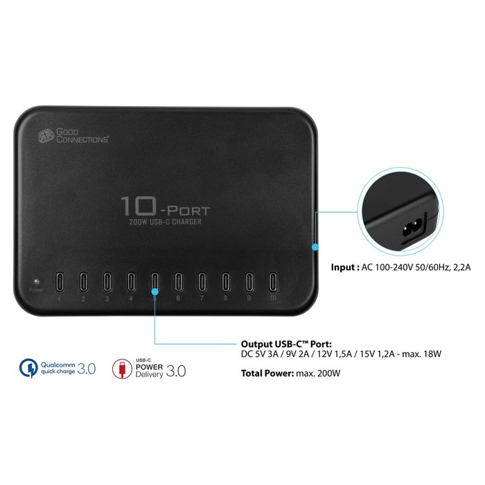 GoodConnections Estación de Carga de Escritorio 200W con 10 Puertos USB-C Negro GoodConnections Estación de Carga de Escritorio 200W con 10 Puertos USB-C Negro