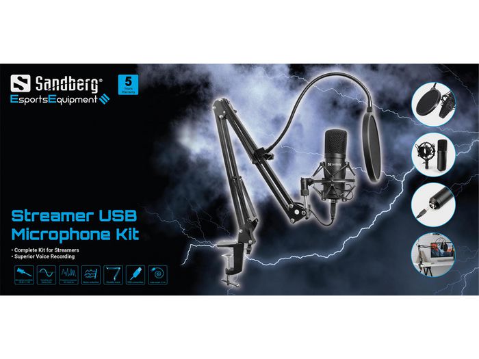 Sandberg Streamer USB Microphone Kit Micrófono de streaming con filtro, protector antiviento y brazo ajustable para PC Sandberg Streamer USB Microphone Kit Micrófono de streaming con filtro, protector antiviento y brazo ajustable para PC