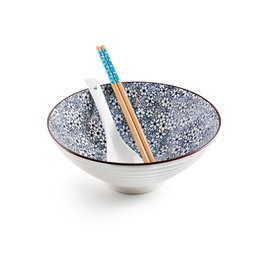 Ibili Set Sapporo para Ramen - Cuenco y Cuchara de Porcelana y Palillos de Bambú para Sopa, Udon y Fideos, Apto Lavavajillas