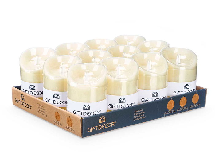 Giftdecor Vela Led Crema Ancha Alta 10x15x10cm Plastico Cera Amarillo 2xAA (Set de 12)