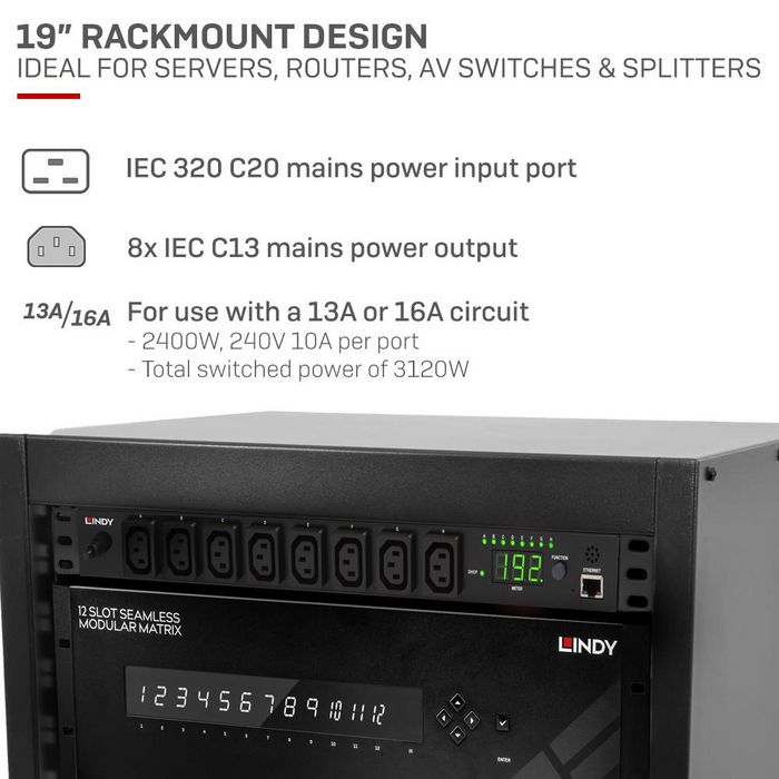Lindy IPower Classic 8 Regleta conmutador de alimentación 19 pulgadas RJ-45 10MBit/s