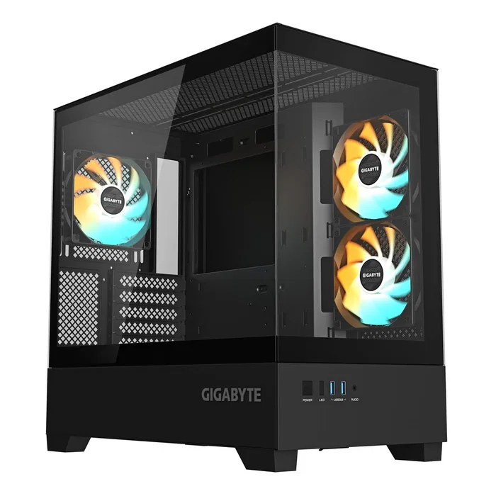Gigabyte C201B Panoramic Torre Midi Negra, Cristal Templado, 3 Ventiladores ARGB, Soporta Radiador de 360mm, 2x USB 3.0, micro-ATX/Mini-ITX, Flujo de Aire Optimizado