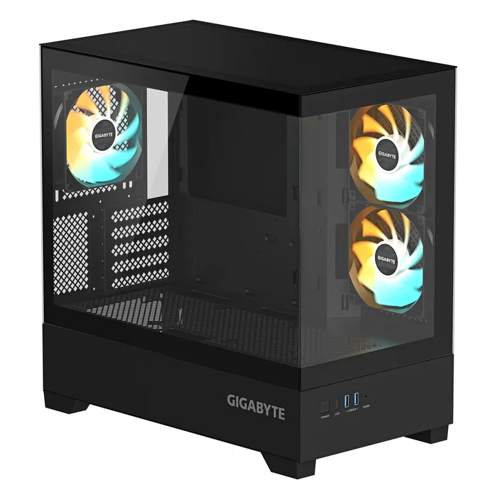 Gigabyte C201B Panoramic Torre Midi Negra, Cristal Templado, 3 Ventiladores ARGB, Soporta Radiador de 360mm, 2x USB 3.0, micro-ATX/Mini-ITX, Flujo de Aire Optimizado