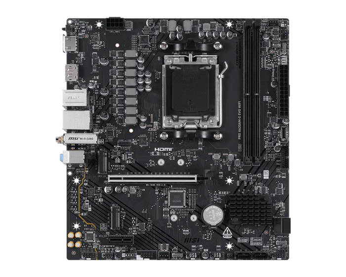 MSI Pro A620AM-G EVO WiFi Placa Base AMD A620A Socket AM5 Micro ATX con Wi-Fi 6E, 2.5GbE, PCIe 5.0, DDR5, M.2 PCIe 4.0