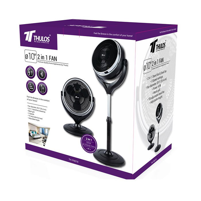 Thulos Ventilador de Pie y Sobremesa TH-FN210 25 cm, 3 Velocidades, Altura y Cabezal Regulable, 42W