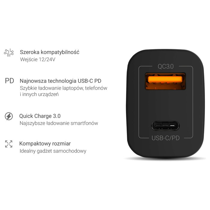 Green Cell Cargador de Coche CAD33 con USB-C PD y USB-A QC 3.0, Negro Green Cell Cargador de Coche CAD33 con USB-C PD y USB-A QC 3.0, Negro