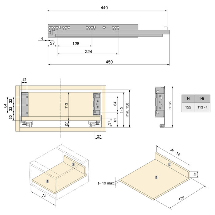 Emuca Cajón exterior Simplex 122 mm de altura, 440 mm de profundidad, Blanco Emuca Cajón exterior Simplex 122 mm de altura, 440 mm de profundidad, Blanco