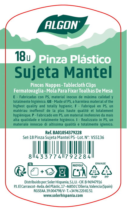 Inde Set 18 Pinzas Sujeta Mantel PS (24 Unidades)