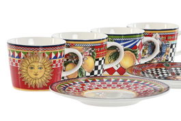 DKD Home Decor Taza Set Plato Moderno Rojo Amarillo Porcelana (4 Unidades) 12.5 x 12.5 x 1.5 cm