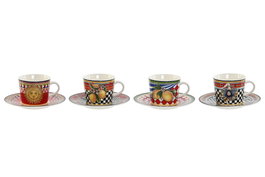 DKD Home Decor Taza Set Plato Moderno Rojo Amarillo Porcelana (4 Unidades) 12.5 x 12.5 x 1.5 cm