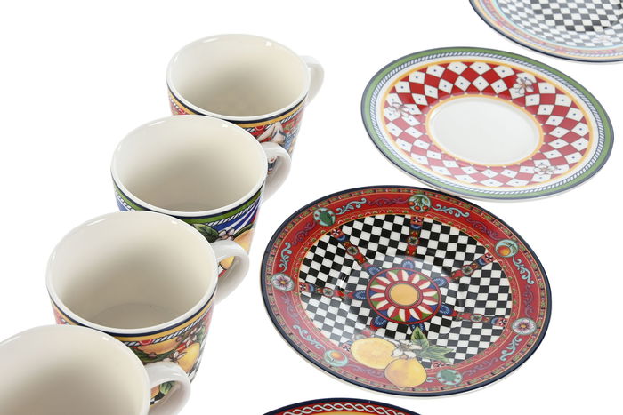 DKD Home Decor Taza Set Plato Moderno Rojo Amarillo Porcelana (4 Unidades) 12.5 x 12.5 x 1.5 cm