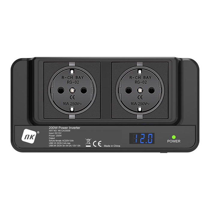 NK Adaptador Portátil para Vehículos 200W 12V DC a 220V AC con Pantalla LED y Puertos USB