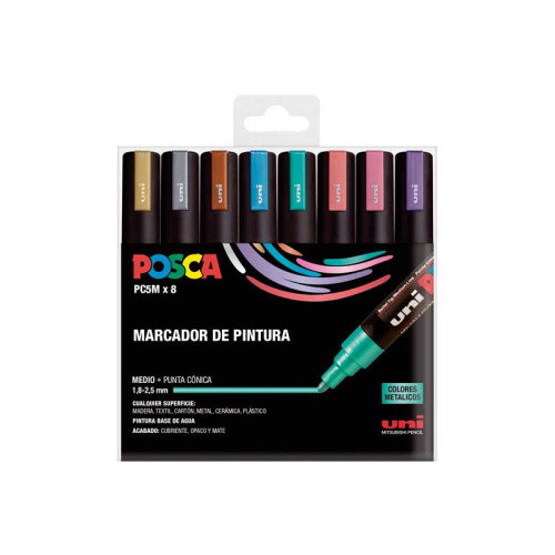 Uni-Ball Posca PC-5M Estuche de 8 Rotuladores de Pintura Metalizados