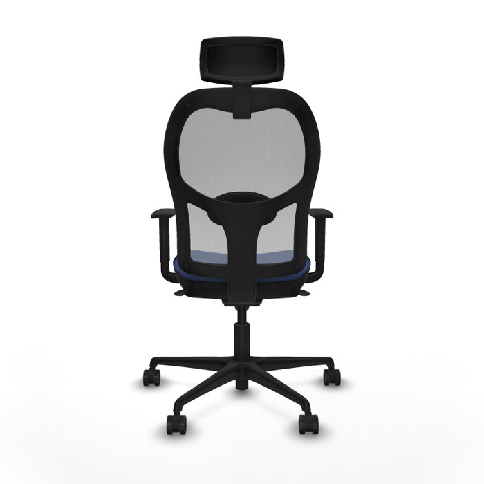 Silla de oficina Jorquera con mecanismo Sincro tapizada con Tela color Azul marino y malla color Gris. Equipada con lumbar 1D, Brazos 1D, Cabecero 2D y Ruedas 65mm nailon