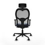 Silla de oficina Jorquera con mecanismo Sincro tapizada con Tela color Azul marino y malla color Gris. Equipada con lumbar 1D, Brazos 1D, Cabecero 2D y Ruedas 65mm nailon
