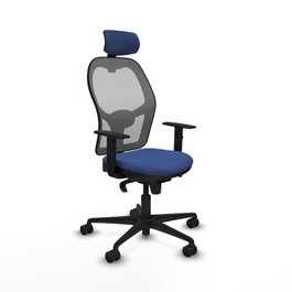 Silla de oficina Jorquera con mecanismo Sincro tapizada con Tela color Azul marino y malla color Gris. Equipada con lumbar 1D, Brazos 1D, Cabecero 2D y Ruedas 65mm nailon